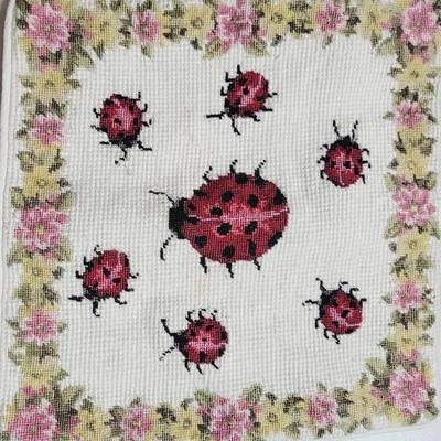 Wool Needlepoint Ladybug Floral Pillow 