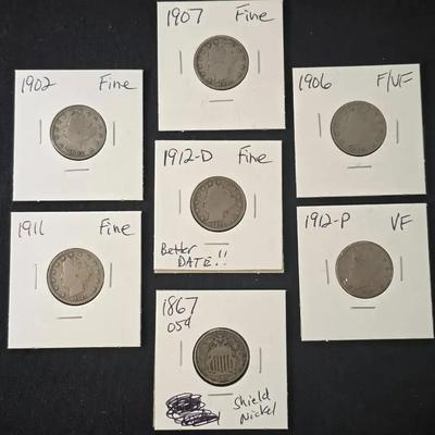 6 Liberty "V" Nickels, All F-VF and 1867 Shield Nickel