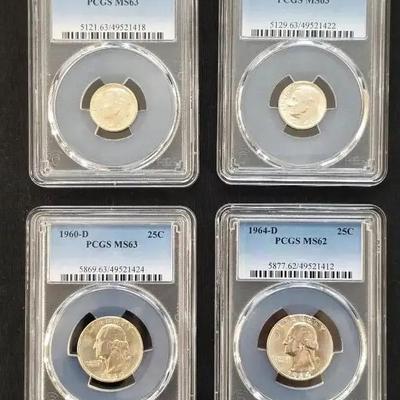 1960-D 25 Cent, 10 Cent, 1964-D 25 Cent, 19 Cent, All Silver & PCGS Graded 