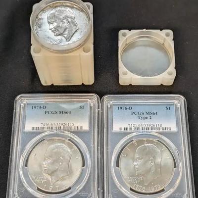 1974-D & 1976-D PCGS Graded Eisenhower Dollars, & Roll of 20 Eisenhower Dollars
