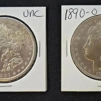 1897-S Uncirculated Morgan Silver Dollar and 1890-O XF Morgan Silver Dollar