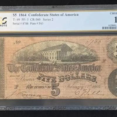 1864 $5 Confederate Note, PCGS Graded 15