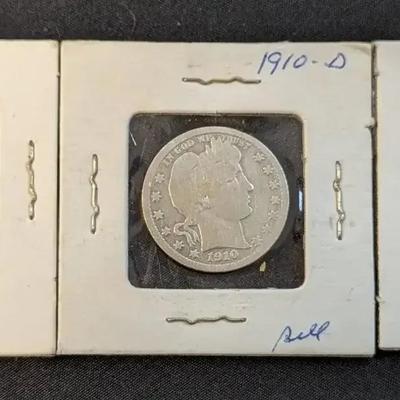 2 Silver Barber Quarters - 1908-D & 1910-D, and 1 1899-O Barber Silver Half Dollar