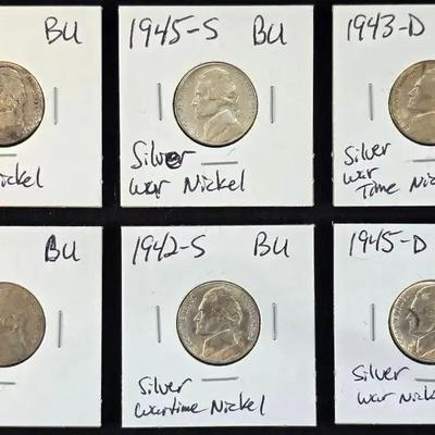 6 Silver Wartime Jefferson Nickels All BU/Uncirculated 