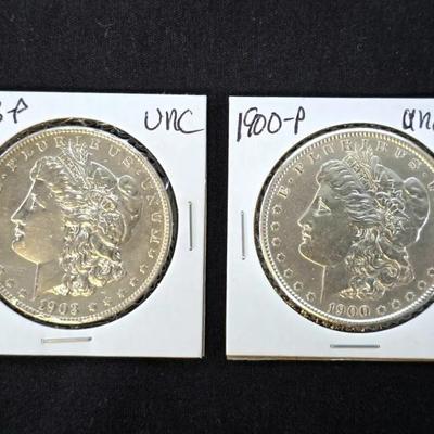 1900-P and 1903-P Morgan Silver Dollars, Both Uncirculated
