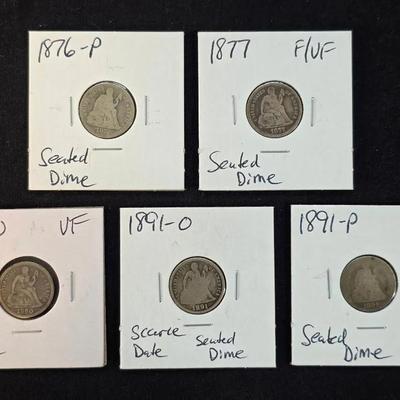Group of 5 Seated Silver Dimes 1876, 77, 1890, 91-O, 91-P