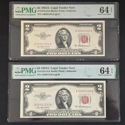 2 1953A $2.00 Red Seal Notes PMG 64, In Consecutive Order Serial Numbers