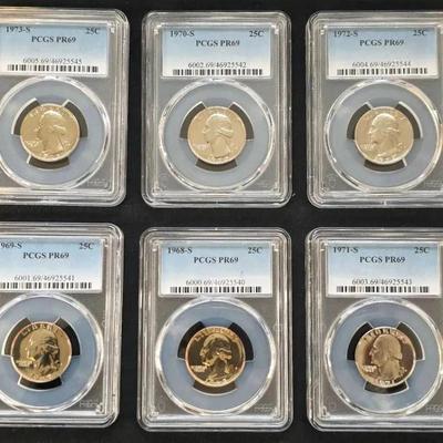 6 PCGS PR-69 Washington Quarters, 1968-S - 1973-S