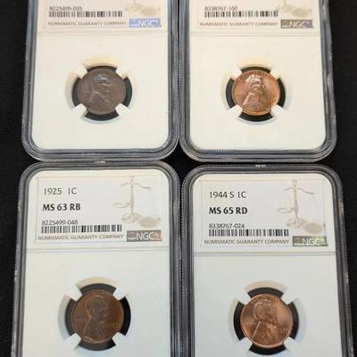 4 NGC Graded High Grade Lincoln Wheat Cents: 1925, 1927, 1944-S, & 1947