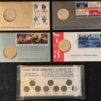 4 1970s US Mint First Day Copper Coin Covers and US Coinage Emergency Sets (1942-1943)