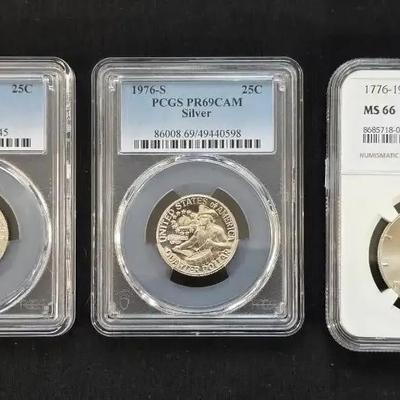 1 NGC Graded 1976-S Silver Kennedy Half MS-66, 2 1976-S PCGS Silver Proof Quarters