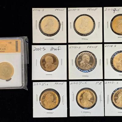 9 Proof Sacagawea Dollars and 2008-S SGS PR-70 DCAM Quincy Dollar