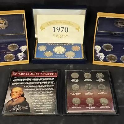 4 Coin Sets 1970 with Silver Half Dollar, 2 Presidential Dollar Sets and Nickel Set
