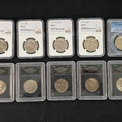 10 NGC/PCGS Graded Coins, Including Kennedy Halves 