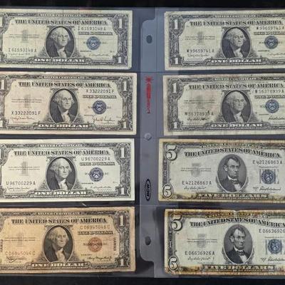 5 $1.00 Silver Certificates, 2 $5.00 Silver Certificates, 1 1935A $1.00 Hawaii Note
