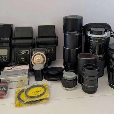 Large Camera Accessories & Lens Lot – Flashes, Pentax Lens, Extension Rings, Filters & Cases