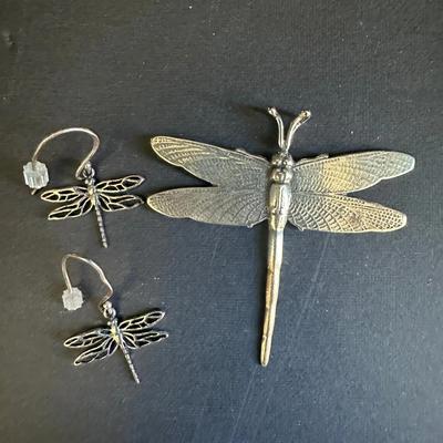 925 Sterling Silver Dragonfly Jewelry Set – Necklace Pendant + Earrings