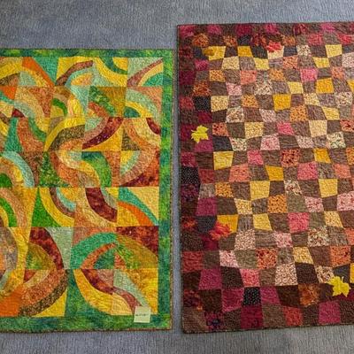 Two Handmade Julie Mason Quilts – Abstract Green/Gold & Autumn Patchwork Designs