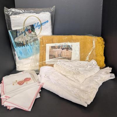 Vintage Lace Table Linens – Quaker Lace Tablecloth, Crocheted Runner, Embroidered Napkins & More