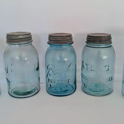 Antique Blue Glass Mason Jars with Lids (Lot of 5)