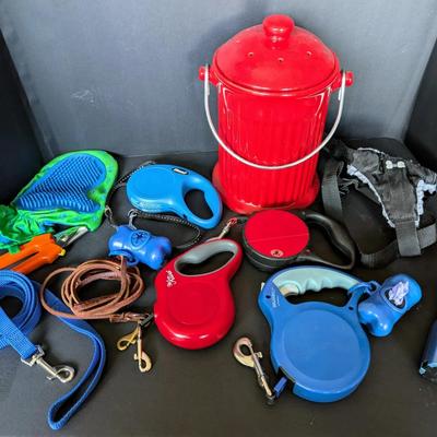 Assorted Dog Walking Accessories & Red Dog Treat Canister with Lid