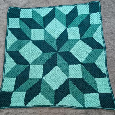 Handmade Crochet Afghan Throw – Teal & Aqua Geometric Pattern (65" x 62")