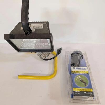 Portable Halogen Work Light with Stand & New Sigma Electric Outdoor Spike Light