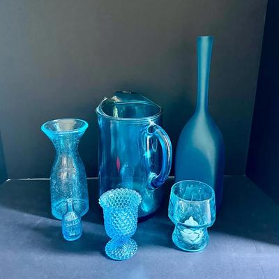 Vintage Blue Glass Decor Lot – Vase, Pitcher, Bottles, Candle Holder & More (6-Piece Set)