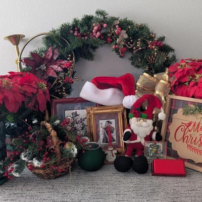 Assorted Christmas Décor Lot with Wreath, Poinsettias, Framed Prints & Holiday Accents