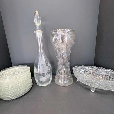 Vintage Cut & Etched Glass Lot – Decanter, Vase, Plates & Footed Dish