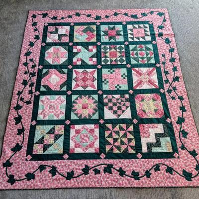 Handmade Pink & Green Sampler Quilt with Ivy Border – 92” x 79”
