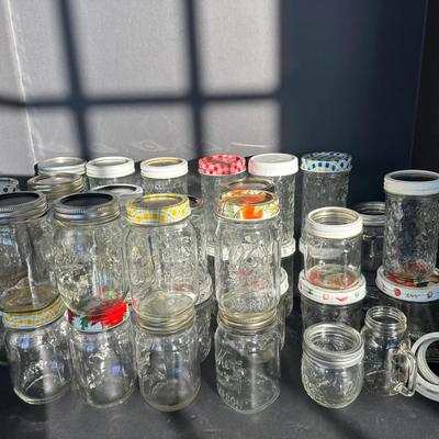 LOT OF OVER 36 MIXED GLASS JARS + LIDS