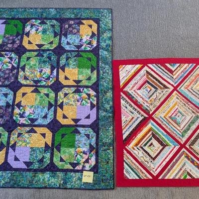 Two Handmade Quilts – Blue & Green Patchwork Quilt and Red Scrap Quilt (Reversible Backs)