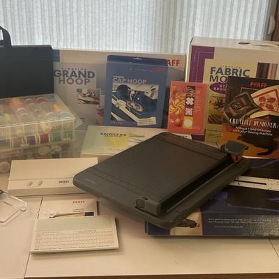 Pfaff Sewing & Embroidery Accessory Lot – Hoops, Thread, Tools, Books & Storage