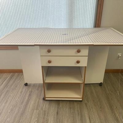 Foldable Craft & Sewing Table with Cutting Grid Top – Rolling Storage Cabinet