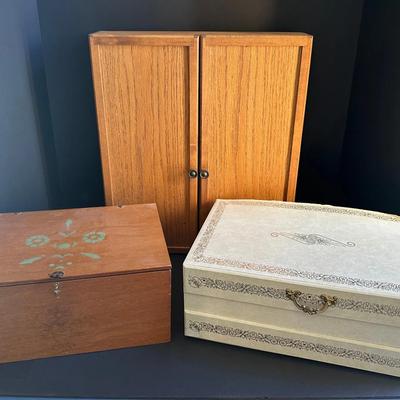 Vintage Jewelry Storage Lot – Wooden Jewelry Cabinet + 2 Jewelry Boxes