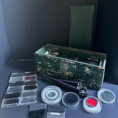 Vintage Camera Filter Lot – Cokin Square Filters, Japan Glass, Wooden Storage Box & Accessories