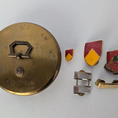 Military Pins & Velvet-Lined Brass Trinket Box (Dated 1964)