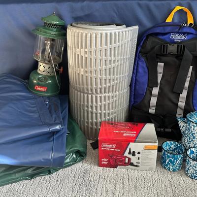 Camping Gear Lot – Coleman Lantern & Pump, Sleeping Pad, Backpack & Enamelware