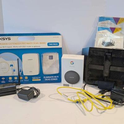 Home Networking Equipment Lot – Linksys Wi-Fi Range Extender, Google Nest Mini & Netgear Router