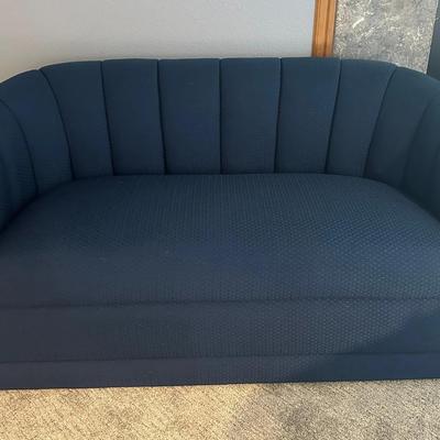 Small Navy Blue Upholstered Loveseat Sofa – Curved Back, Modern Style