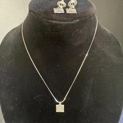 Sterling Silver Necklace with Square Floral Pendant & Matching Earrings