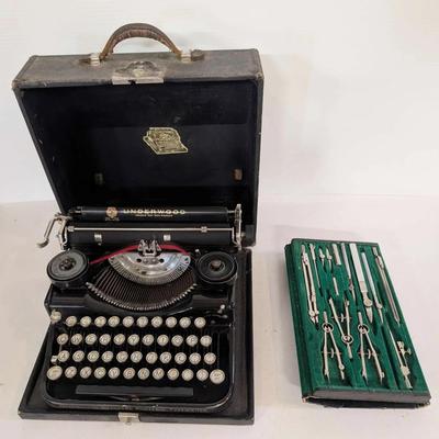 Vintage Underwood Portable Typewriter & "Tacro German" Drafting Instrument Set