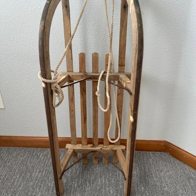 Vintage Wooden Sled with Metal Runners & Rope Pull – Rustic Winter Decor