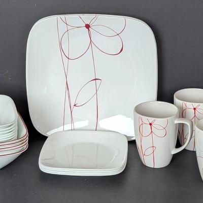 Corelle Vitrelle White & Red Pattern Dish Set w/ Mugs – Made in USA