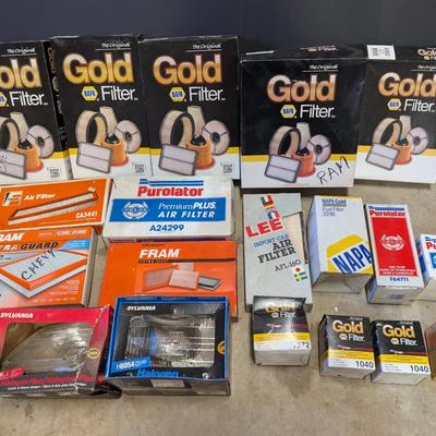 Large Lot of New Automotive Filters – NAPA Gold, FRAM, Purolator & 2 Sylvania Halogen Headlights