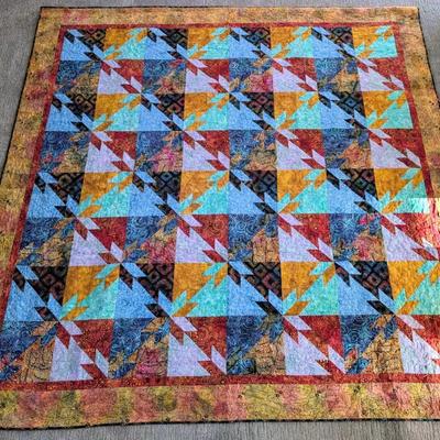 Handmade Gold, Teal & Black Star Quilt – 93” x 93”