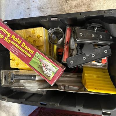 Lot of RV & Camping Accessories – Wheel Chocks, Valves, Awning Straps & Parts