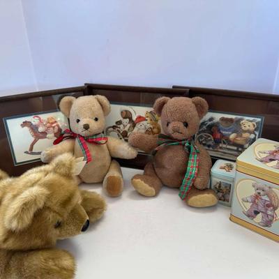 Teddy Bear Collectible Bundle – Vintage Plush + Framed Art + Decorative Tins