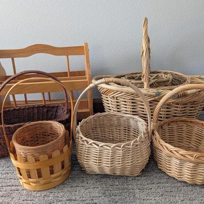 Wicker Basket Lot + Wooden Magazine Rack – Vintage Storage Decor